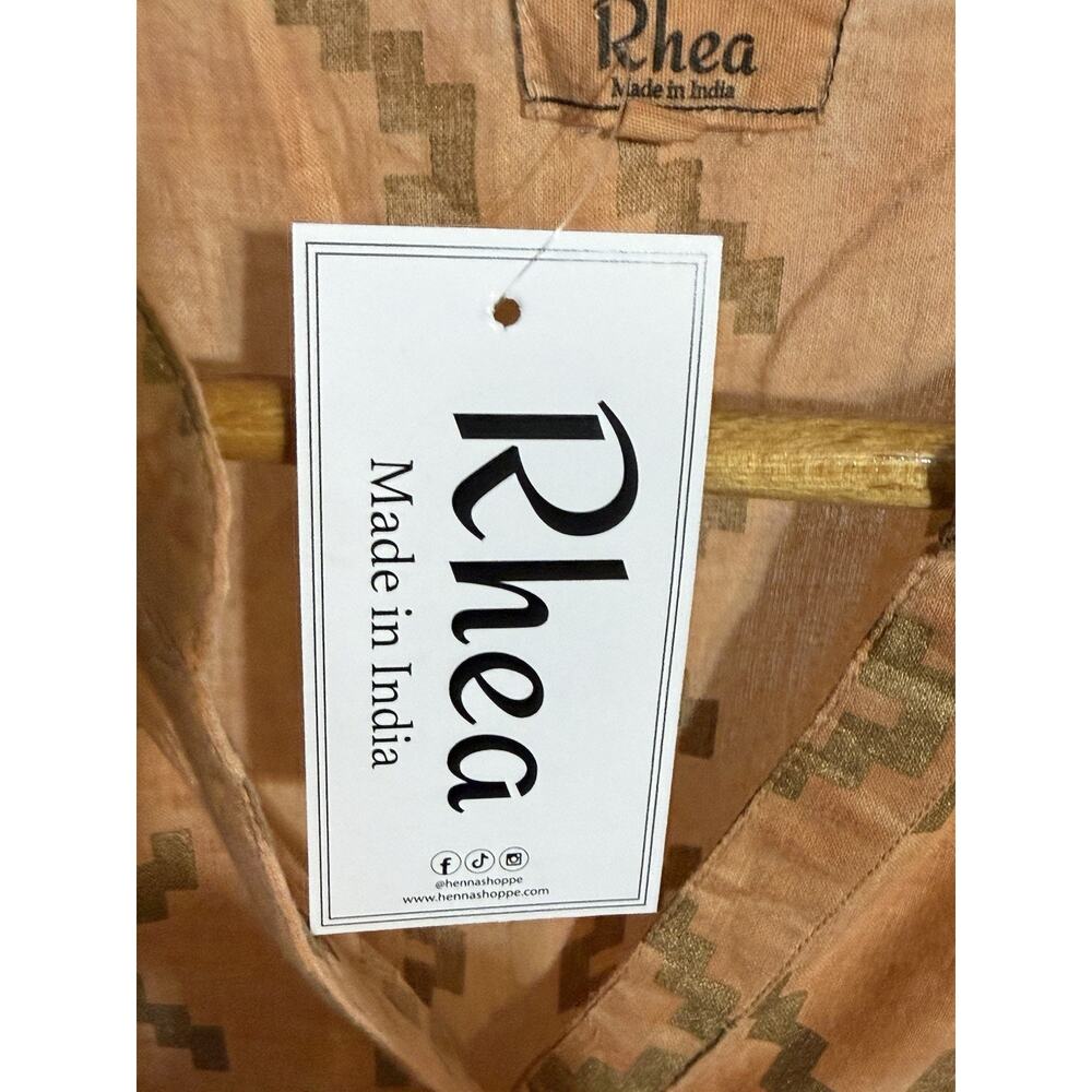 Rhea Block Print Orange Gold Handmade 100% Cotton Tunic Top V Neck L/XL